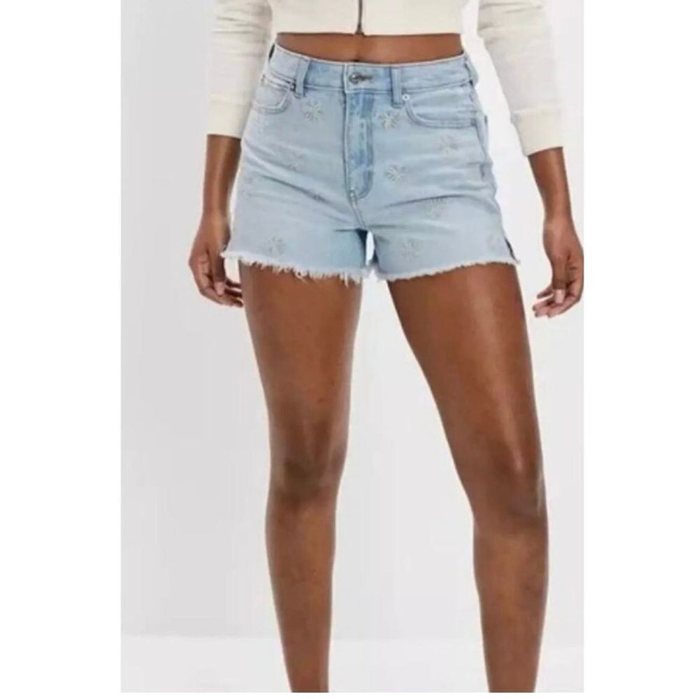 Womens American Eagle Daisy Embroidered Light Rinse Distressed Mom Shorts - Sz 4